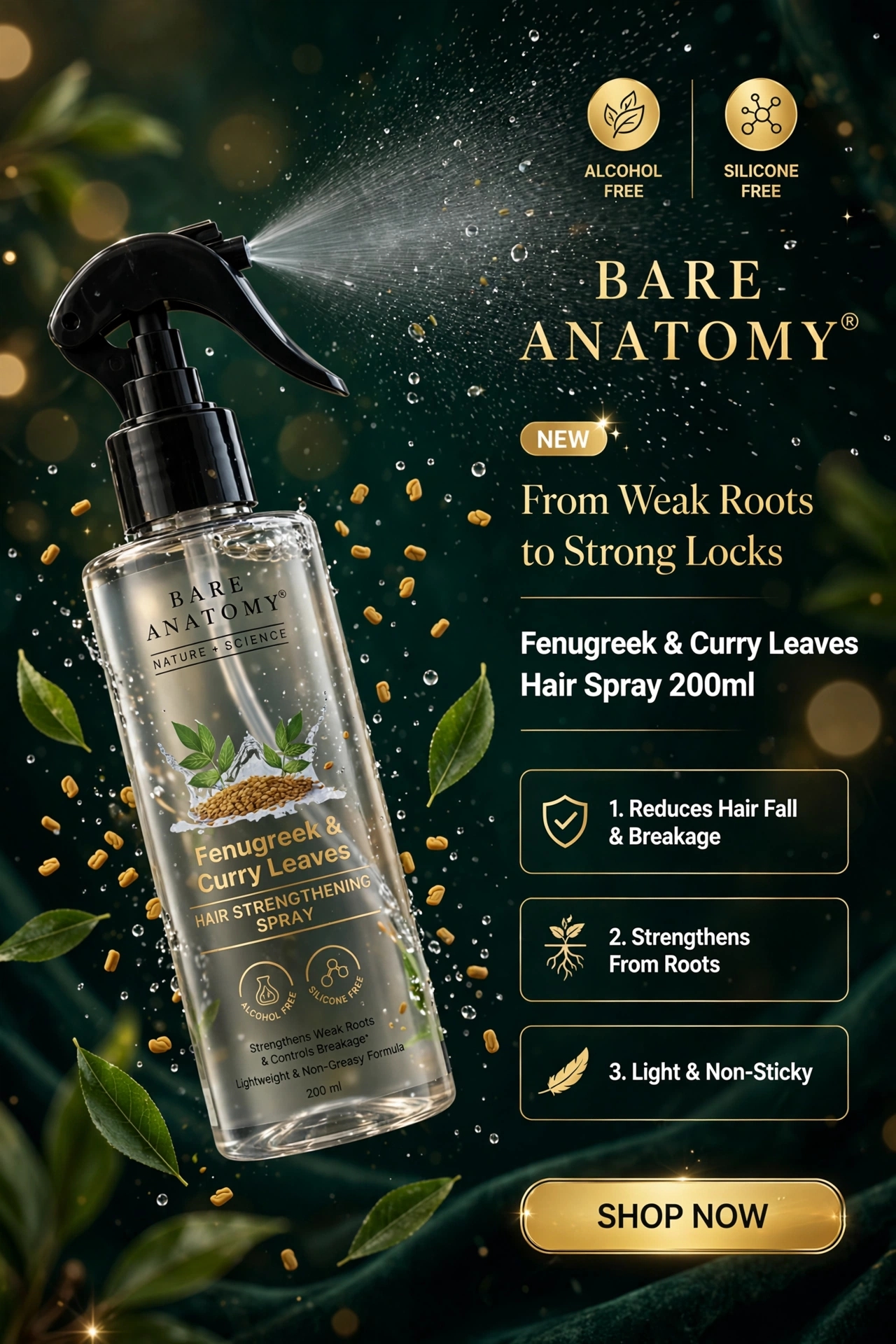 Bare Anatomy Nature x Science Fenugreek & Curry Leaves Hair Strengthening Spray 200ml | Strengthens Weak Roots & Controls Breakage | Lightwe
