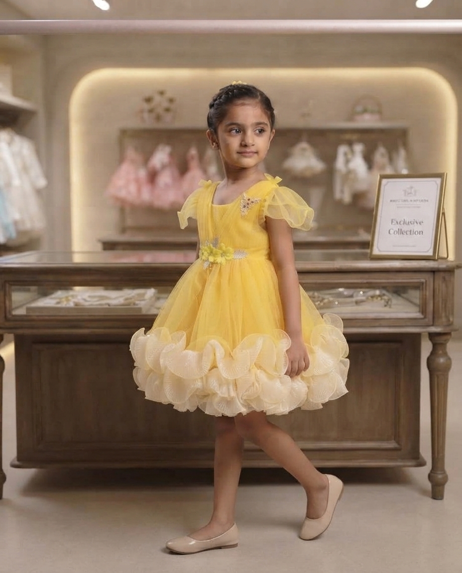 Bright Yellow Tulle Party Gown for Girls