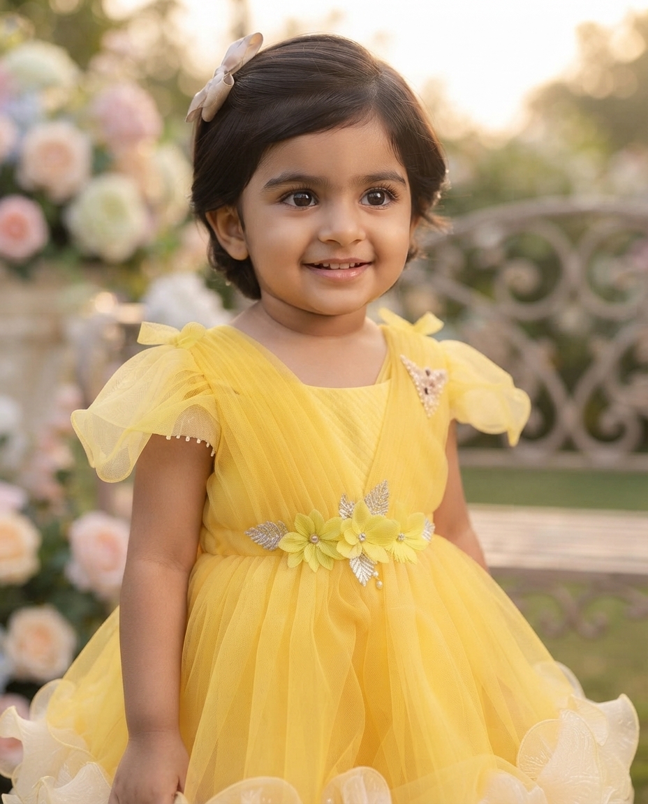 Bright Yellow Tulle Party Gown for Girls