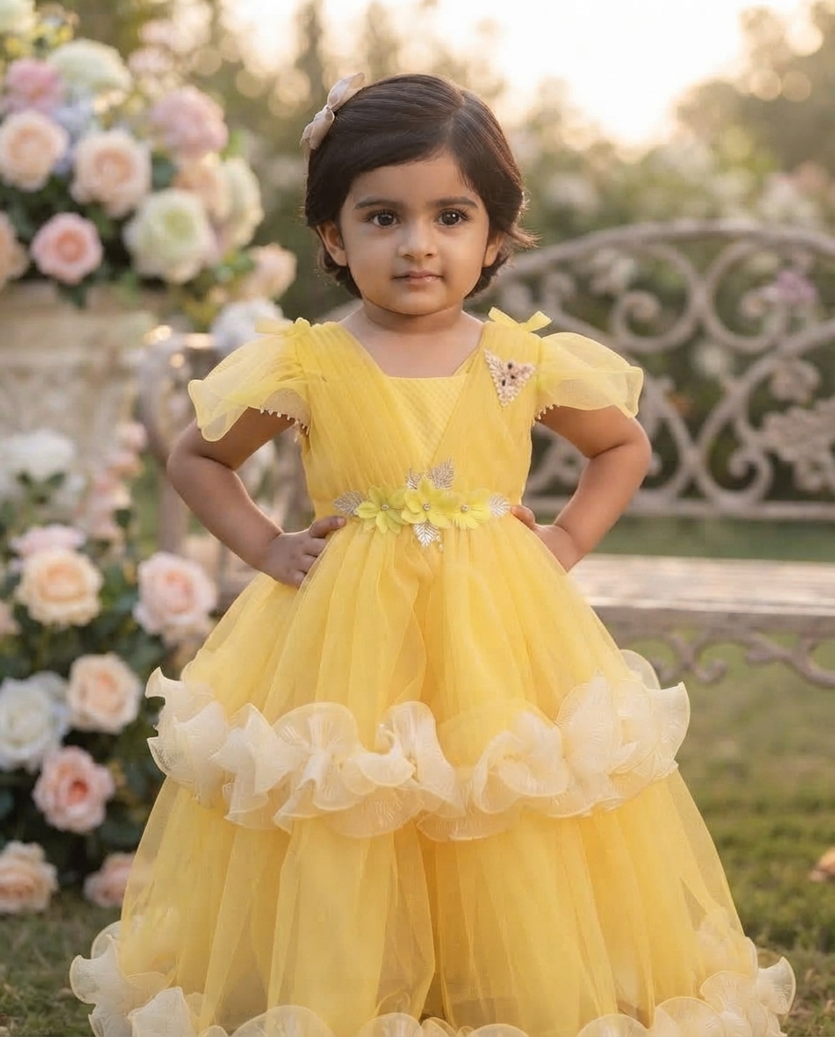 Bright Yellow Tulle Party Gown for Girls