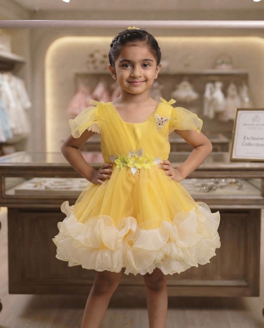 Bright Yellow Tulle Party Gown for Girls