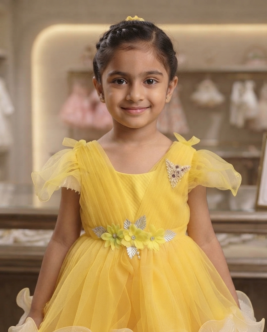 Bright Yellow Tulle Party Gown for Girls
