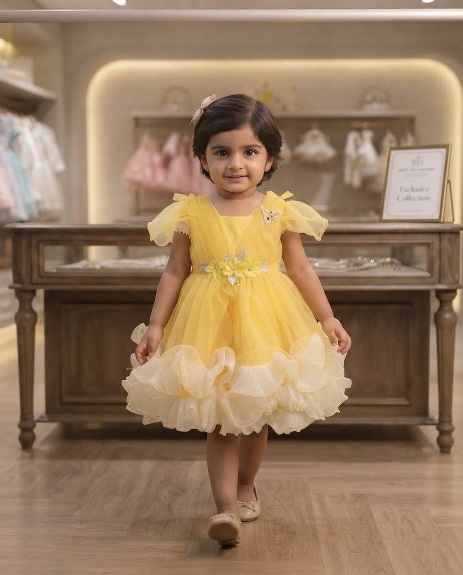 Bright Yellow Tulle Party Gown for Girls