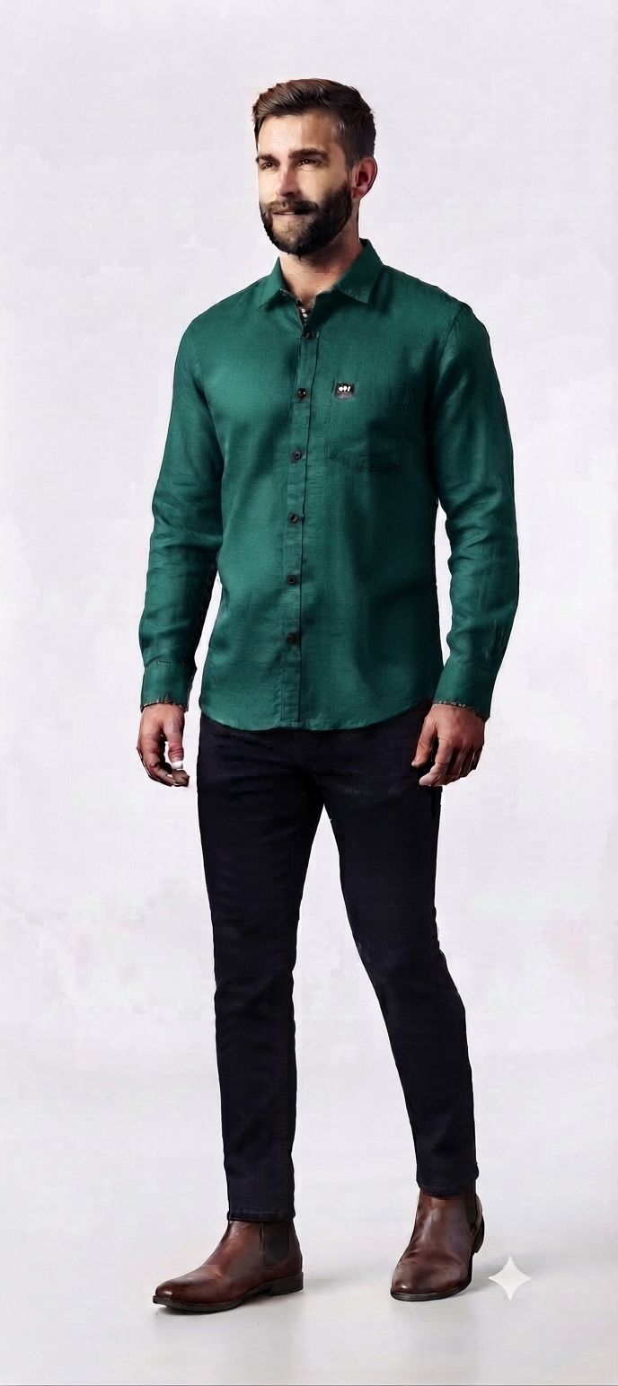 Teal Blue Cotton-Linen Long-Sleeve Shirt (Regular Fit)