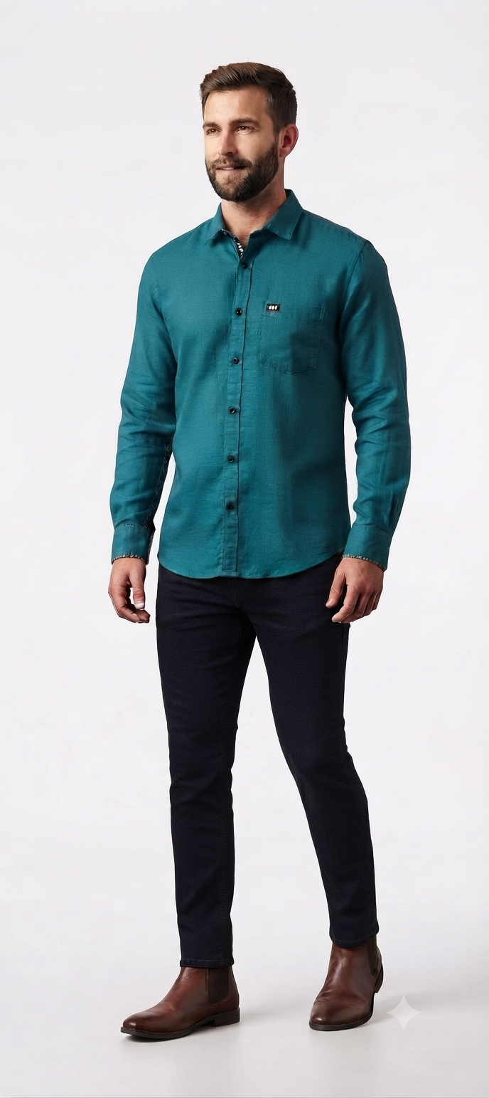 Teal Blue Cotton-Linen Long-Sleeve Shirt (Regular Fit)