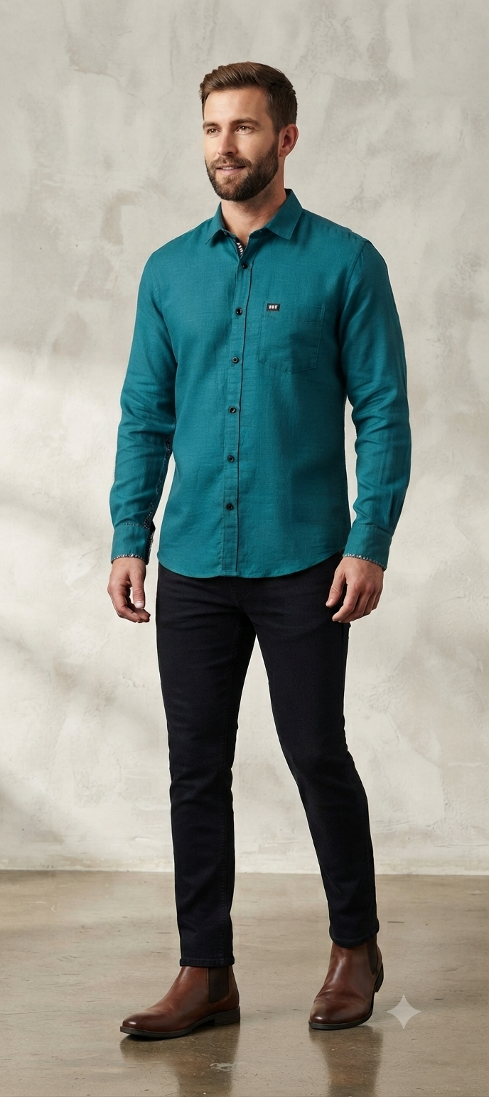 Teal Blue Cotton-Linen Long-Sleeve Shirt (Regular Fit)