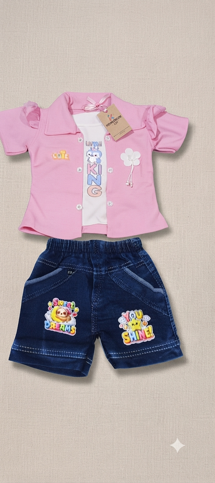 Baby Girls Pink Layered-Look Top and Denim Shorts Set