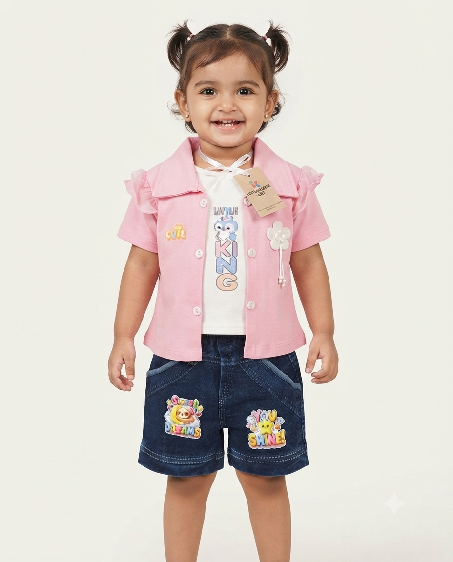 Baby Girls Pink Layered-Look Top and Denim Shorts Set