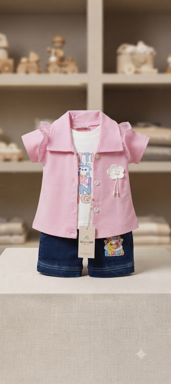 Baby Girls Pink Layered-Look Top and Denim Shorts Set