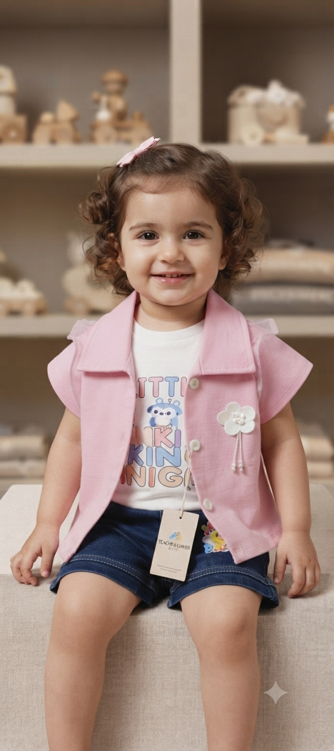 Kids' Pink Shrug-Style Top with Denims Short Set for Baby Girls