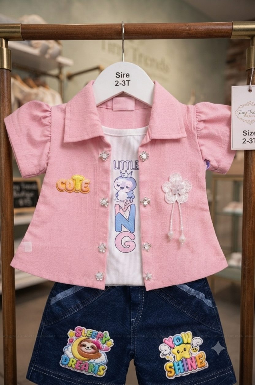 Trendy Pink Shrug & Denim Shorts Clothing Set for Toddler Girls