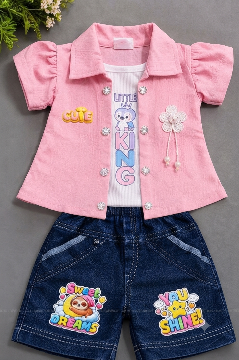 Trendy Pink Shrug & Denim Shorts Clothing Set for Toddler Girls