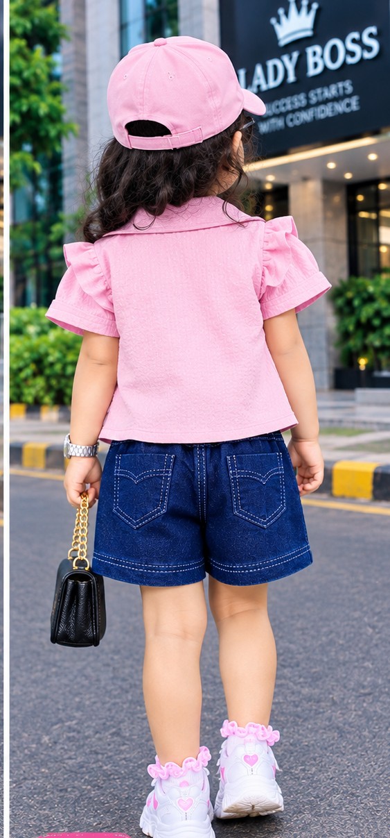 Trendy Pink Shrug & Denim Shorts Clothing Set for Toddler Girls