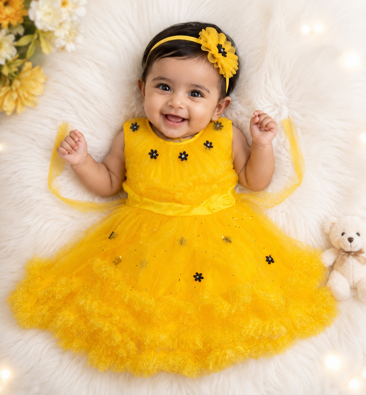 Baby Girls Yellow Princess Net Party Wear Dress with Floral
