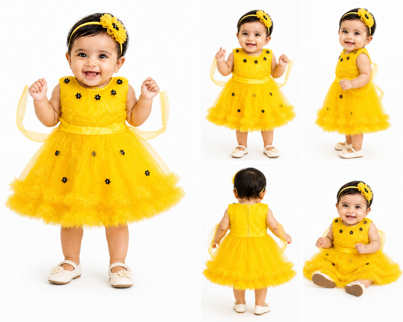 Baby Girls Yellow Princess Net Party Wear Dress with Floral