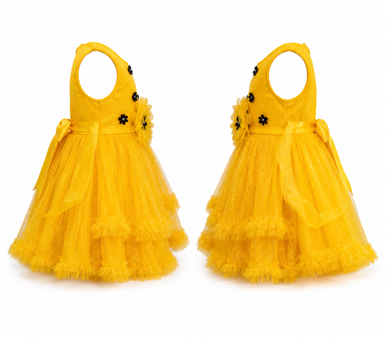 Baby Girls Yellow Princess Net Party Wear Dress with Floral