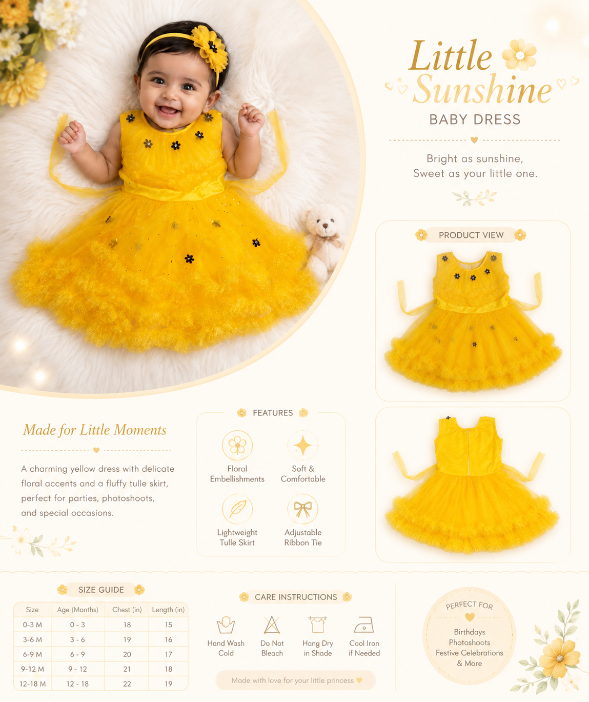 Baby Girls Yellow Princess Net Party Wear Dress with Floral