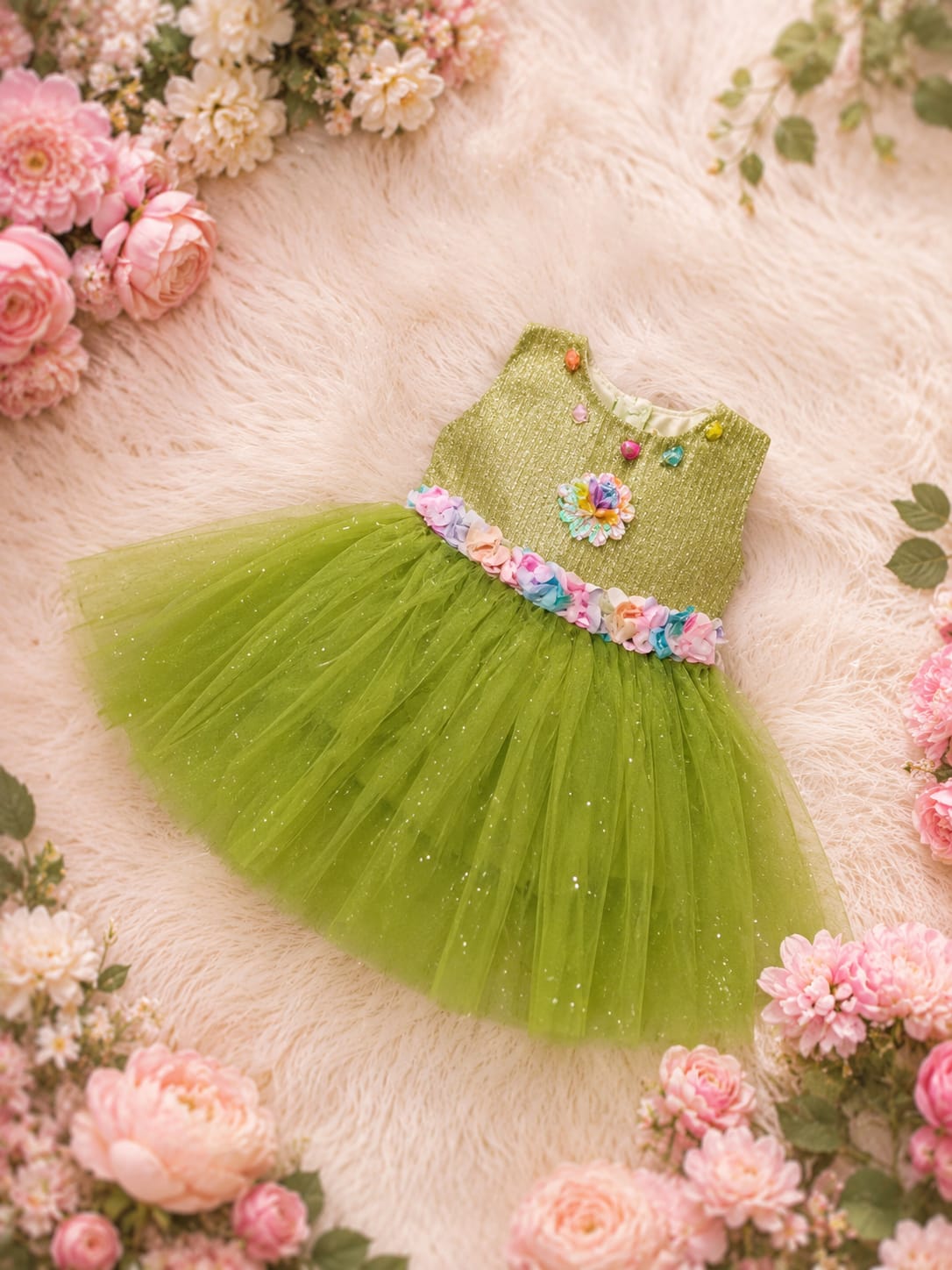 Baby Girls Olive Green Glitter Net Tutu Party Dress with Floral Waist Belt✨