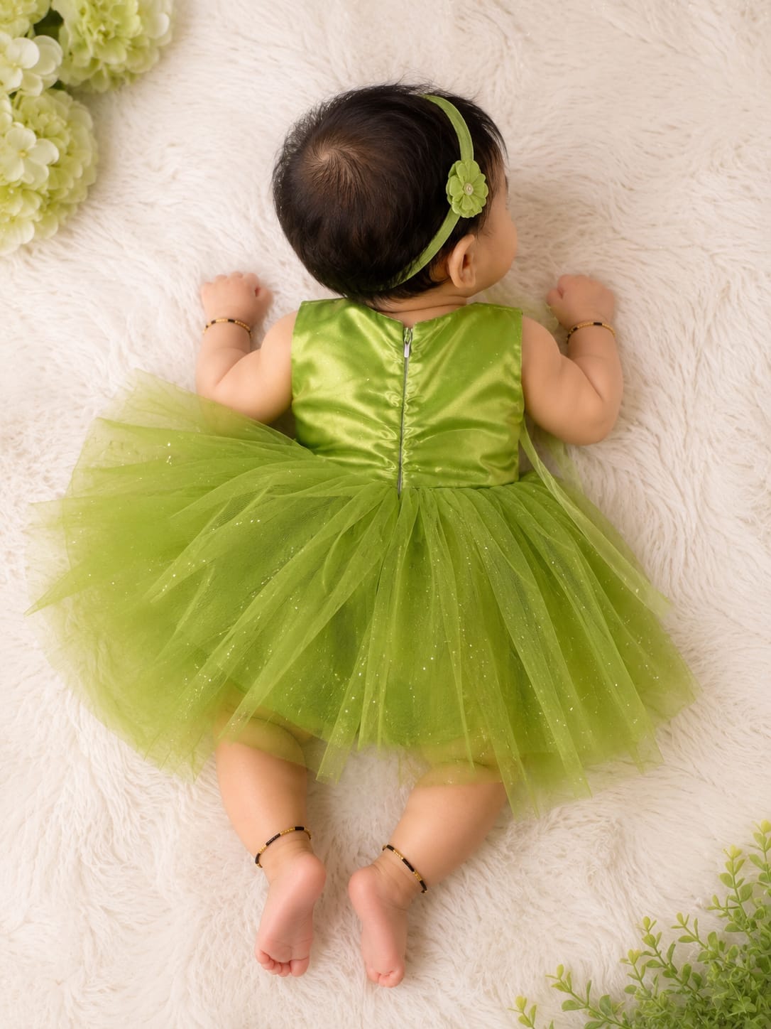 Baby Girls Olive Green Glitter Net Tutu Party Dress with Floral Waist Belt✨