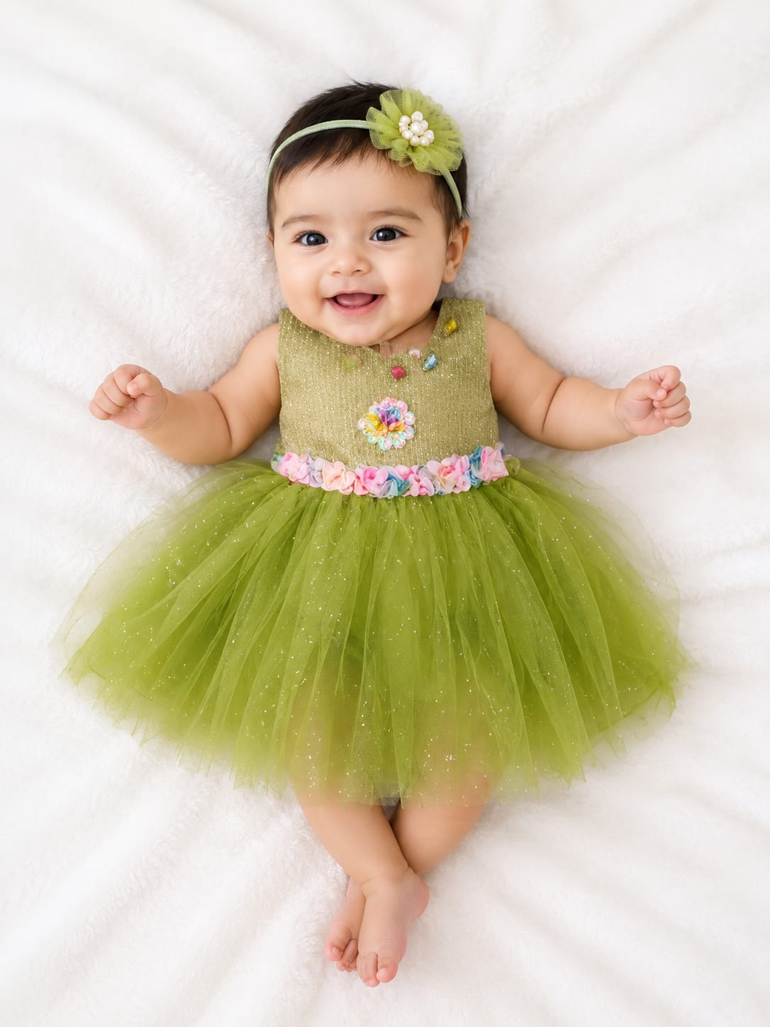 Baby Girls Olive Green Glitter Net Tutu Party Dress with Floral Waist Belt✨