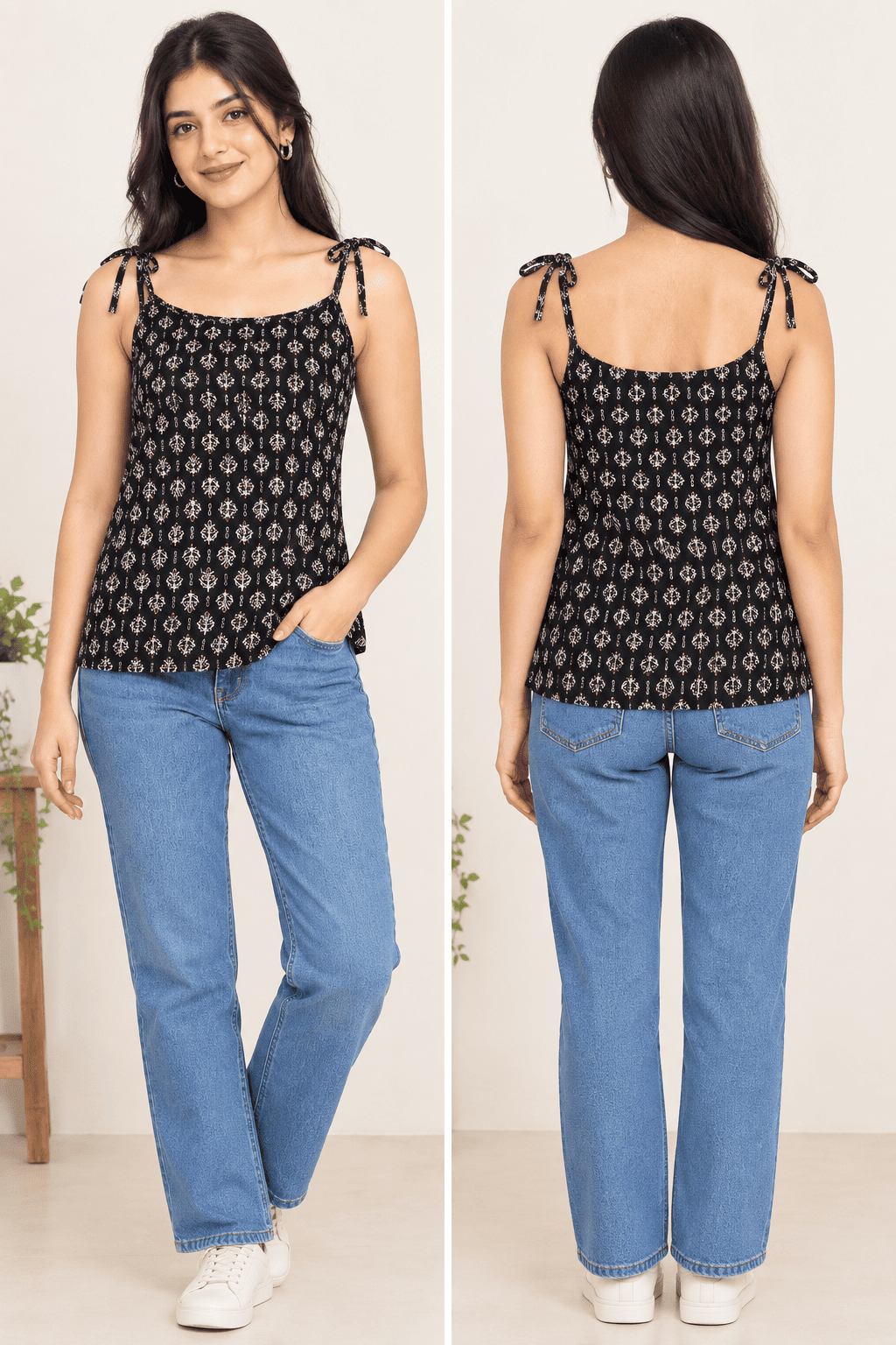 Pure cotton sleeveless middle straps printed kurti for women
