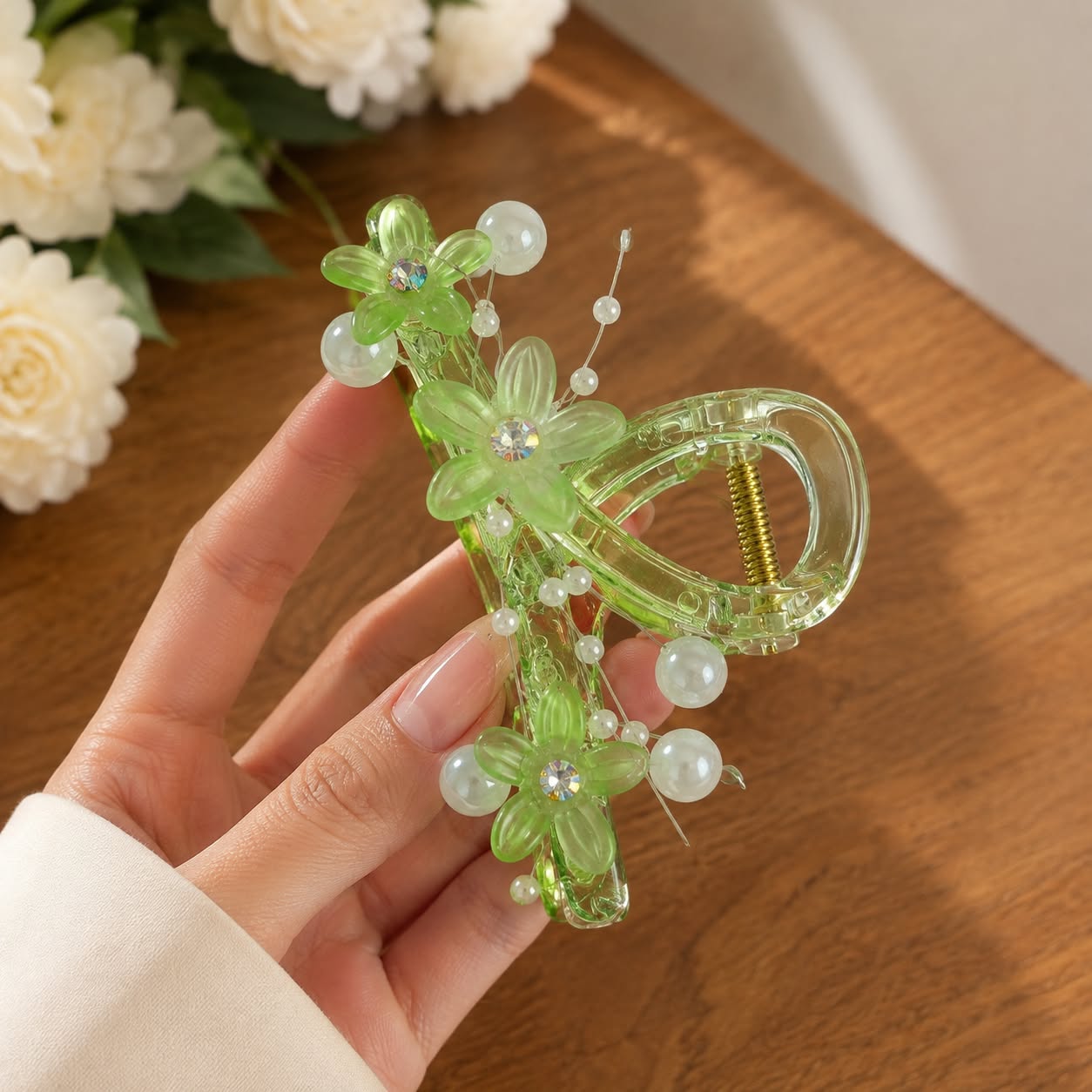Floral Pearl Crystal Hair Claw Clip for Women & Girls | Transparent Decorative Hair Accessory