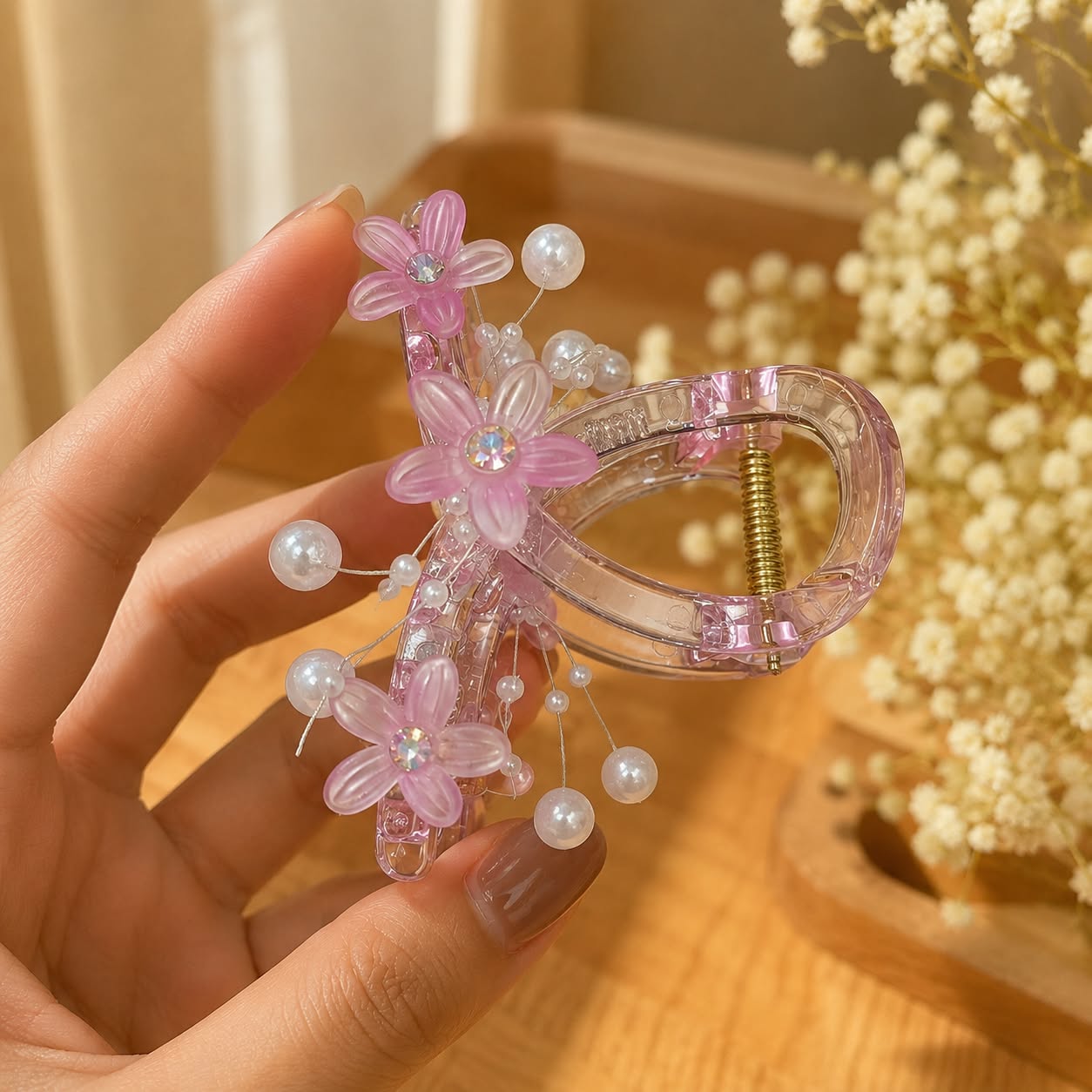 Floral Pearl Crystal Hair Claw Clip for Women & Girls | Transparent Decorative Hair Accessory