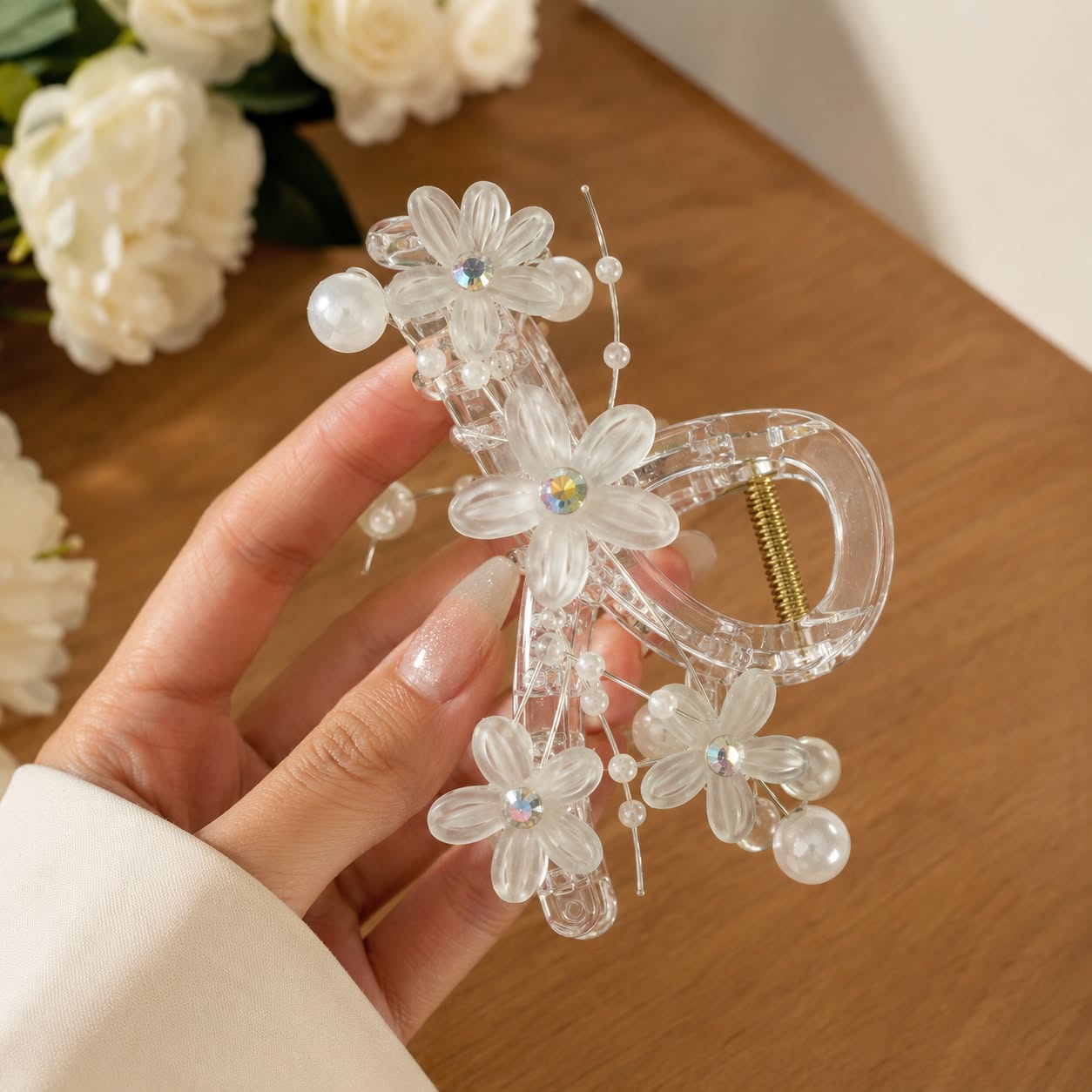Floral Pearl Crystal Hair Claw Clip for Women & Girls | Transparent Decorative Hair Accessory