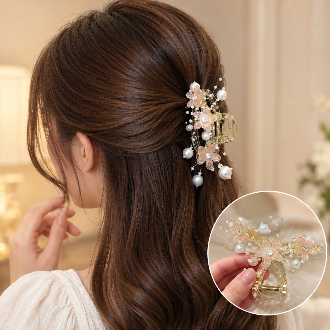 Floral Pearl Crystal Hair Claw Clip for Women & Girls | Transparent Decorative Hair Accessory