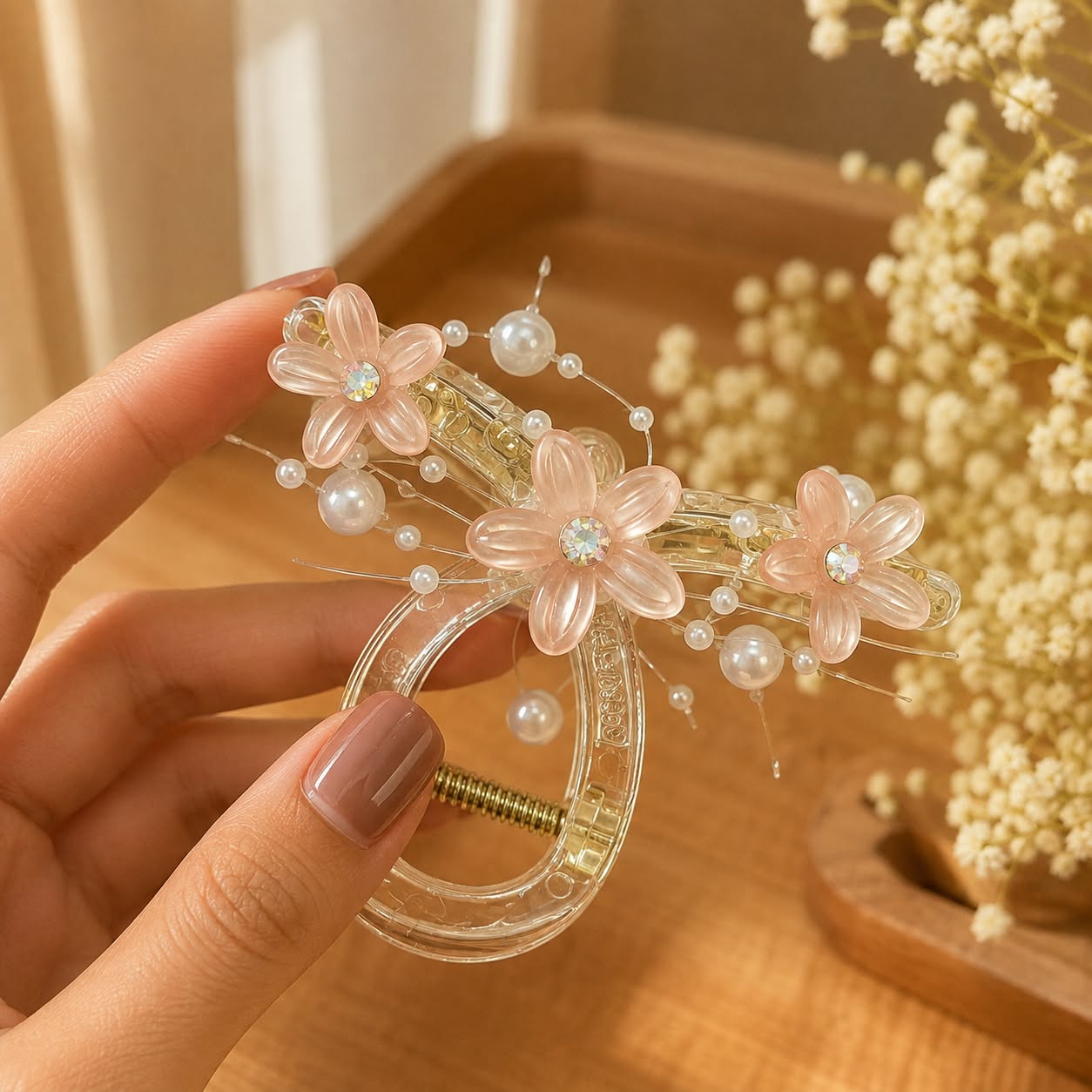 Floral Pearl Crystal Hair Claw Clip for Women & Girls | Transparent Decorative Hair Accessory