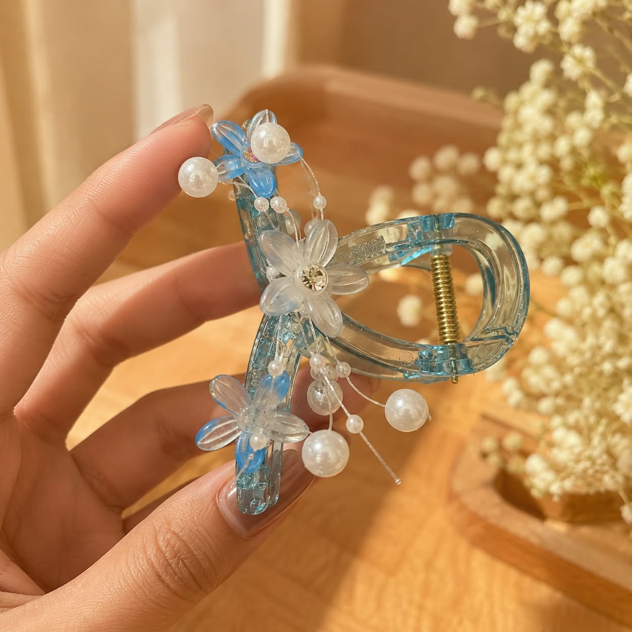 Floral Pearl Crystal Hair Claw Clip for Women & Girls | Transparent Decorative Hair Accessory