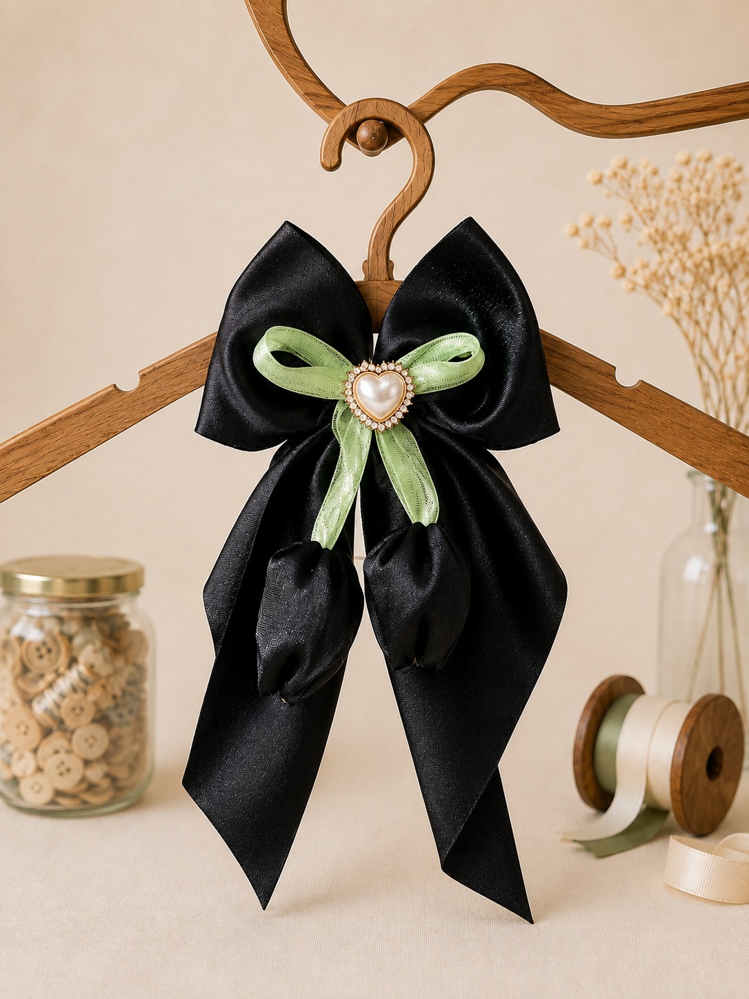Black Satin Heart Charm Hair Bow with Green Ribbon Detailing