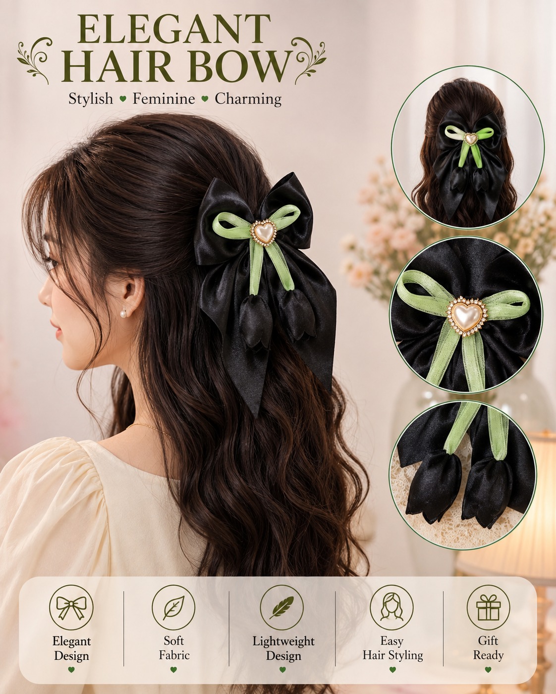 Black Satin Heart Charm Hair Bow with Green Ribbon Detailing