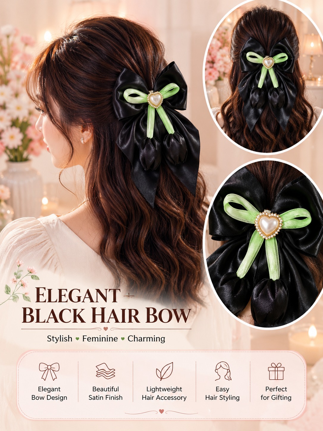 Black Satin Heart Charm Hair Bow with Green Ribbon Detailing