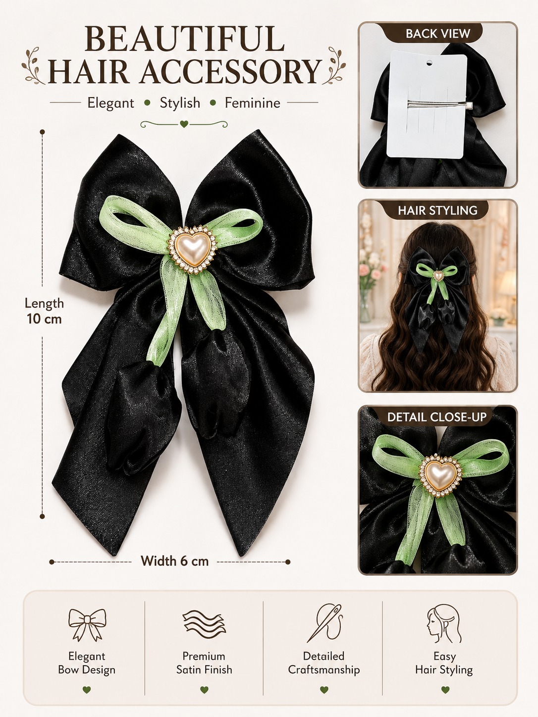 Black Satin Heart Charm Hair Bow with Green Ribbon Detailing