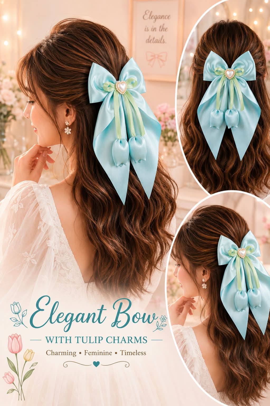 sea green Satin Heart Charm Hair Bow with Green Ribbon Detailing