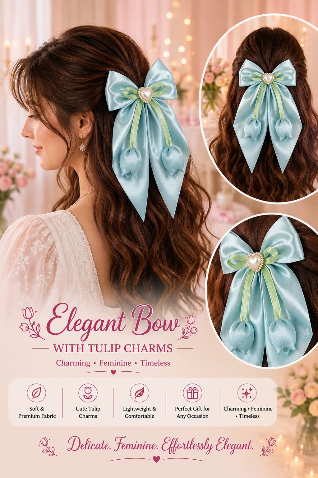 sea green Satin Heart Charm Hair Bow with Green Ribbon Detailing