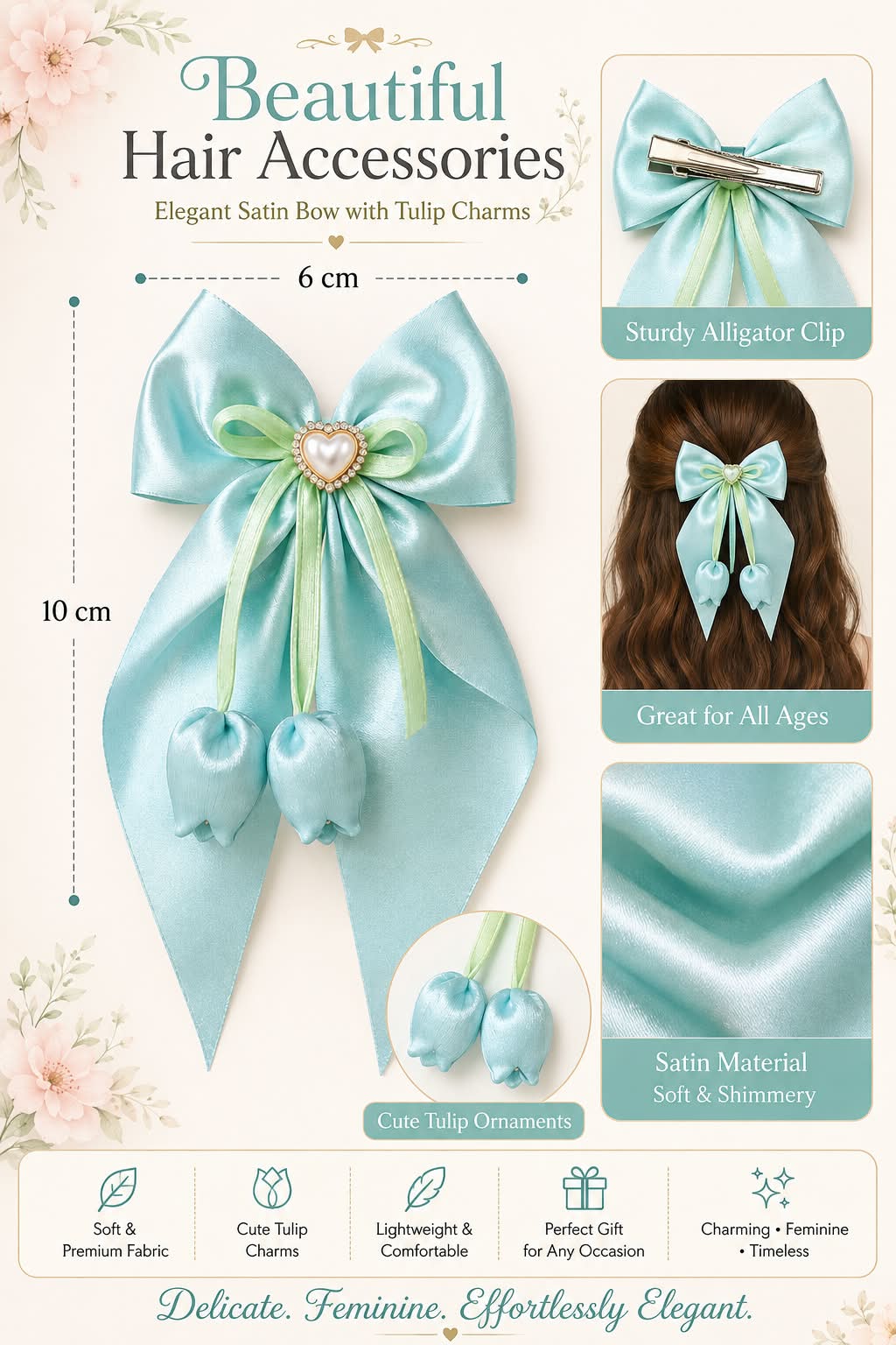 sea green Satin Heart Charm Hair Bow with Green Ribbon Detailing