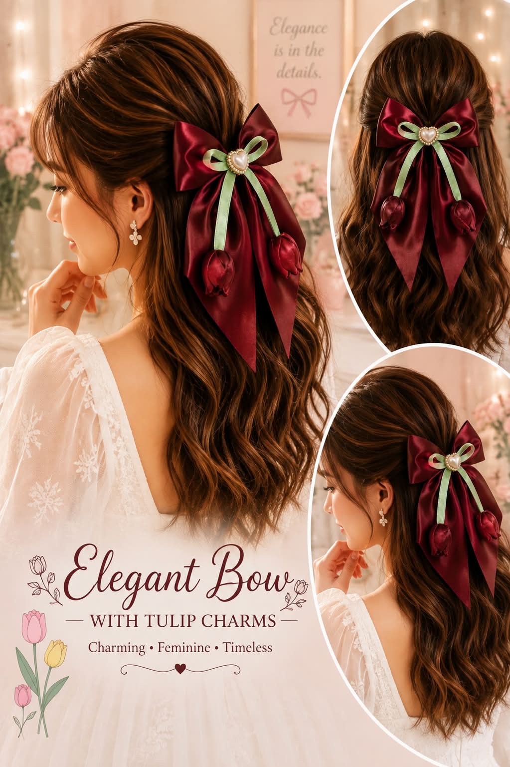 Marun/Red Satin Heart Charm Hair Bow with Green Ribbon Detailing