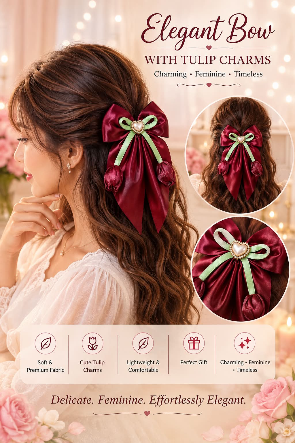 Marun/Red Satin Heart Charm Hair Bow with Green Ribbon Detailing