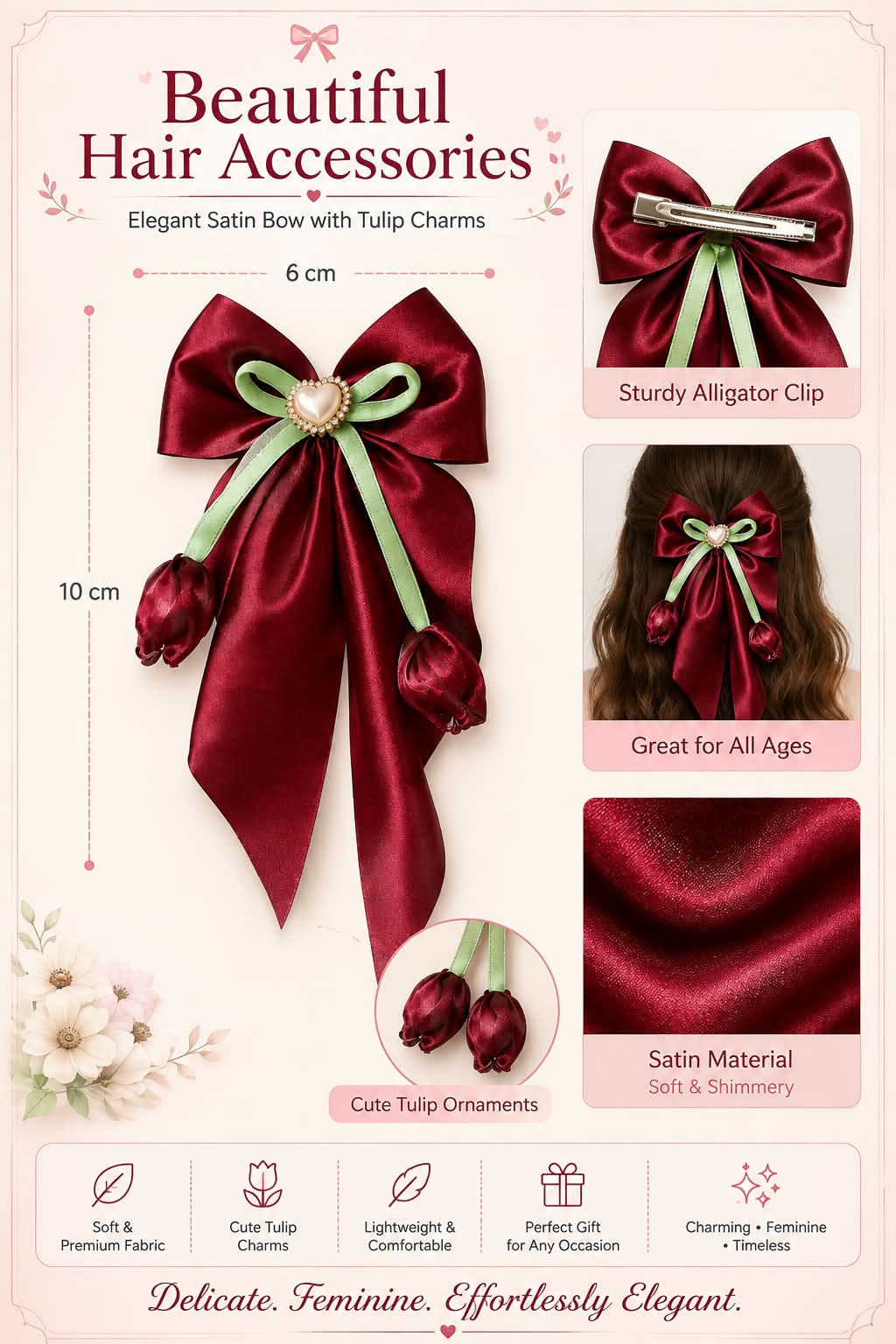 Marun/Red Satin Heart Charm Hair Bow with Green Ribbon Detailing
