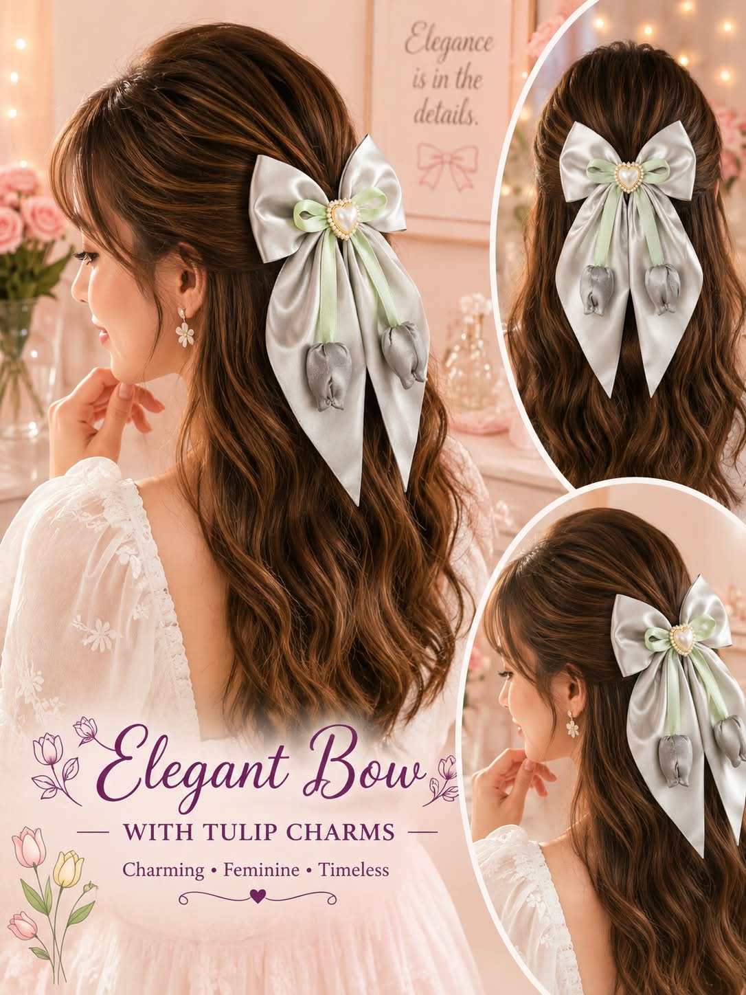 gray / off white  Satin Heart Charm Hair Bow with Green Ribbon Detailing