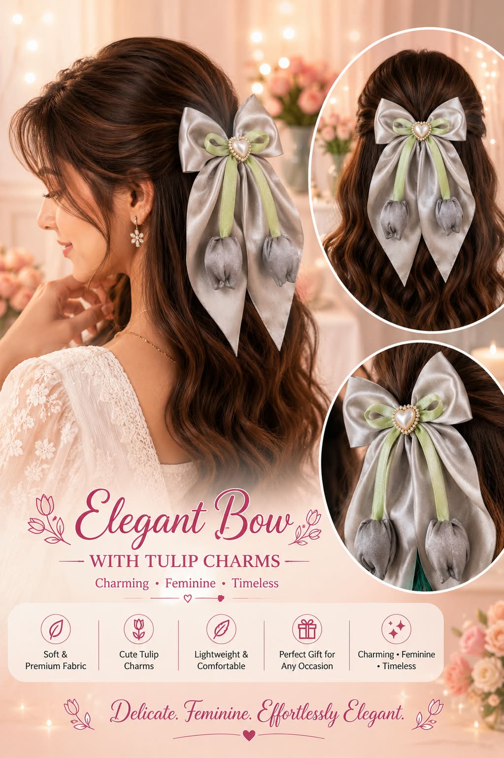gray / off white  Satin Heart Charm Hair Bow with Green Ribbon Detailing
