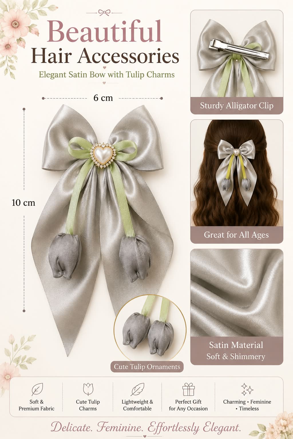 gray / off white  Satin Heart Charm Hair Bow with Green Ribbon Detailing