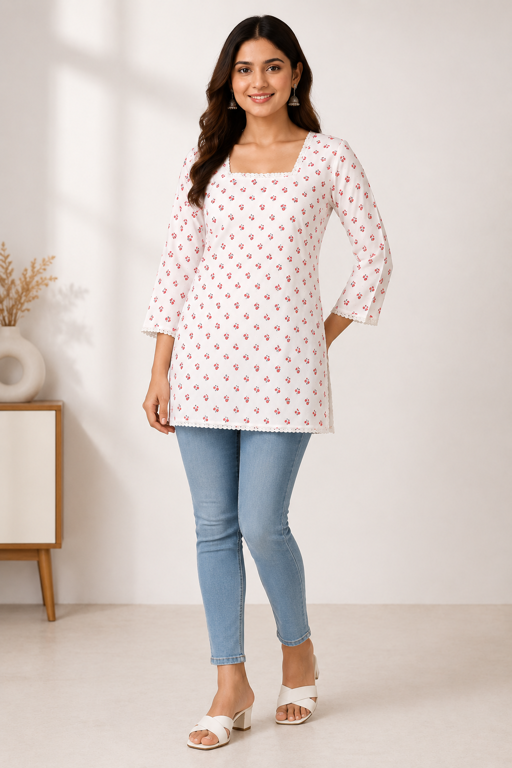 Women’s Printed Cotton Straight Kurti – White with Red Floral Print, 3/4 Sleeves