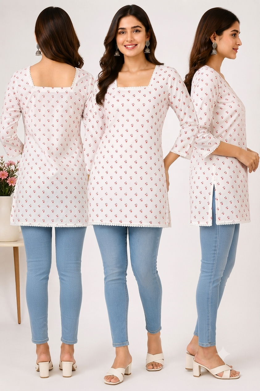 Women’s Printed Cotton Straight Kurti – White with Red Floral Print, 3/4 Sleeves