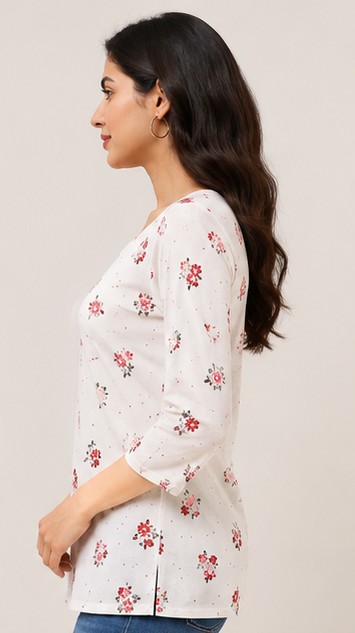 Women’s Printed Cotton Straight Kurti – White with Red Floral Print, 3/4 Sleeves
