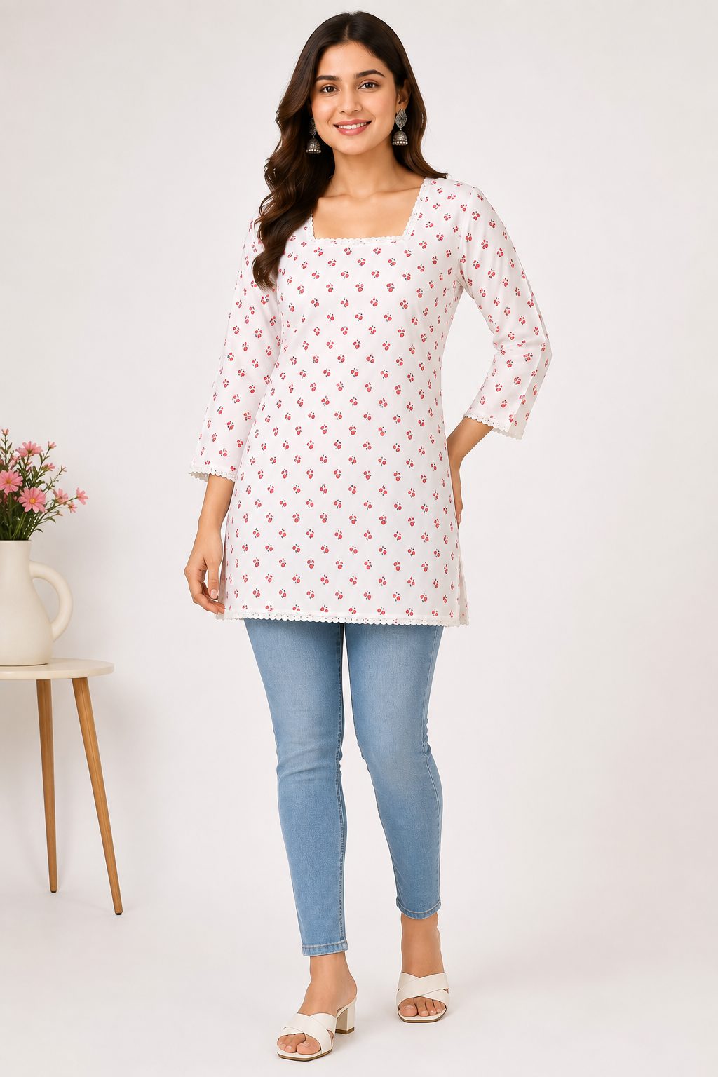 Women’s Printed Cotton Straight Kurti – White with Red Floral Print, 3/4 Sleeves