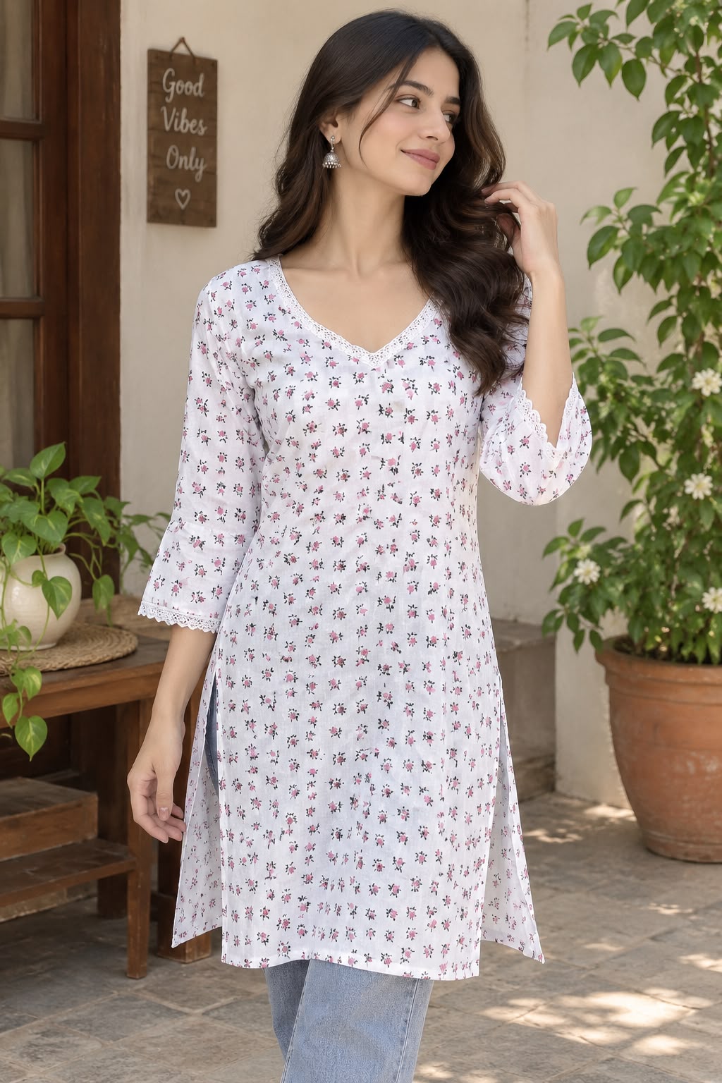 Kurti Women’s Floral Printed 3/4 Sleeve Straight Kurti | V-Neck Printed Kurti for Women