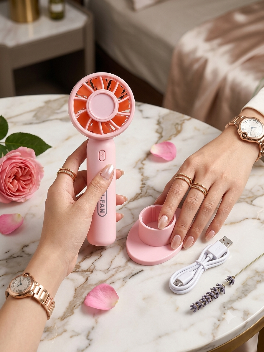 Mini Portable Handheld Fan with Stand, USB Rechargeable, Pink